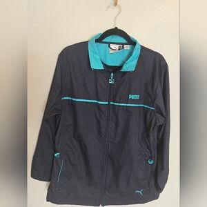 Puma Navy Blue Womens Windbreaker Jacket with Teal Accents Size M